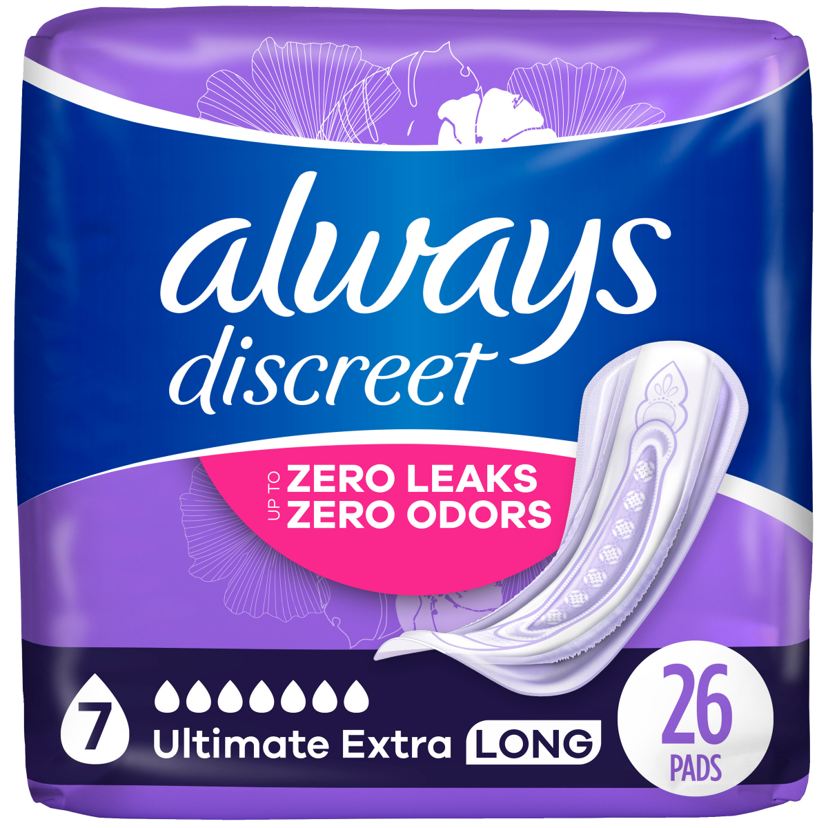slide 1 of 29, Always Discreet Adult Incontinence Pads for Women, Ultimate Extra Absorbency, Long Length, Postpartum Pads, 26 CT, 26 ct