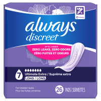 slide 19 of 29, Always Discreet Adult Incontinence Pads for Women, Ultimate Extra Absorbency, Long Length, Postpartum Pads, 26 CT, 26 ct