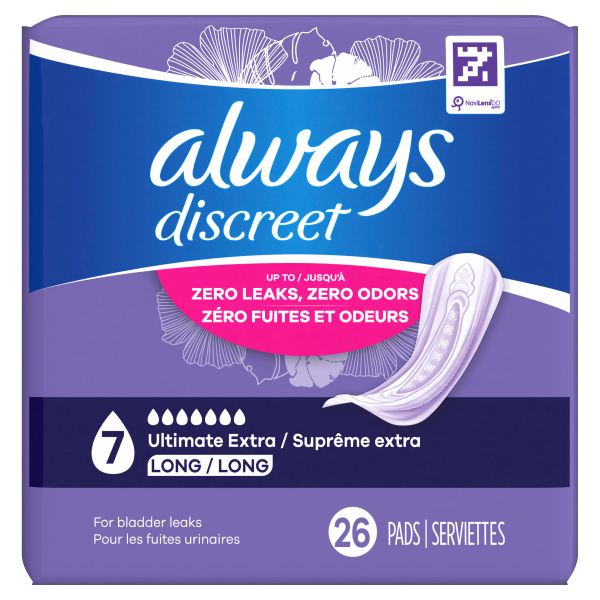 slide 22 of 29, Always Discreet Adult Incontinence Pads for Women, Ultimate Extra Absorbency, Long Length, Postpartum Pads, 26 CT, 26 ct