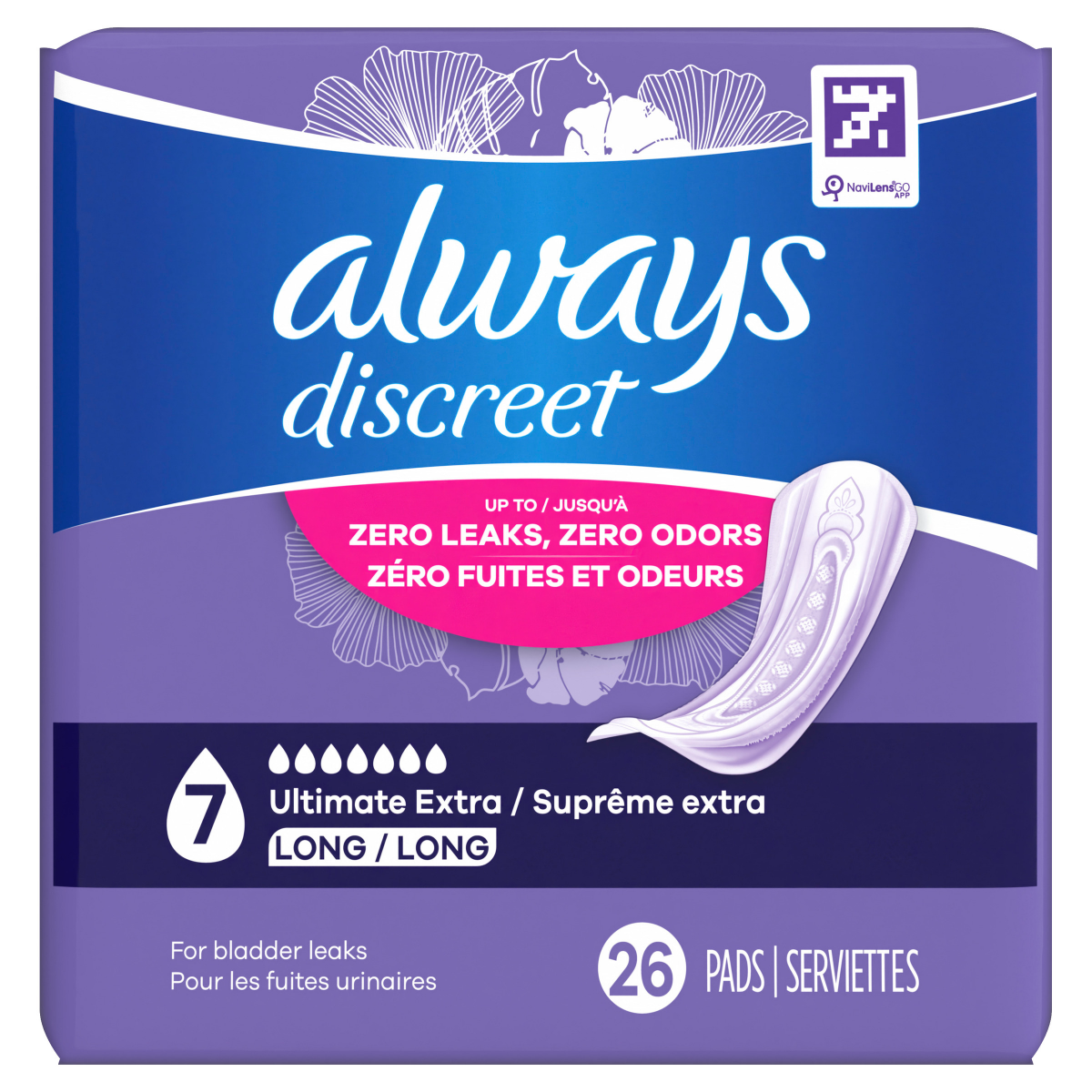 slide 5 of 29, Always Discreet Adult Incontinence Pads for Women, Ultimate Extra Absorbency, Long Length, Postpartum Pads, 26 CT, 26 ct