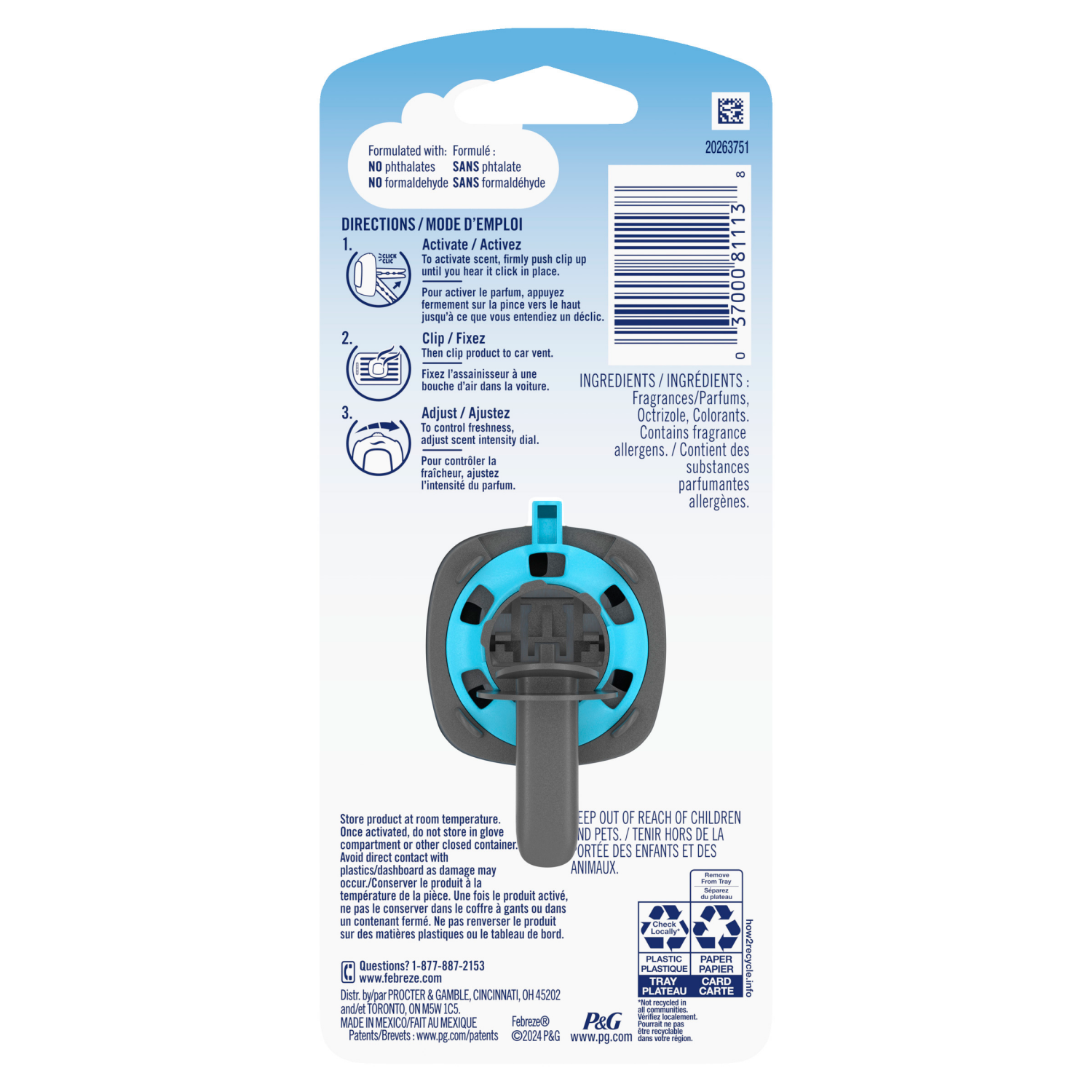 slide 3 of 8, Febreze Car Air Freshener, Odor-Fighting Automotive Vent Clip, Linen & Sky Scent, 1 Count, 0.06 oz