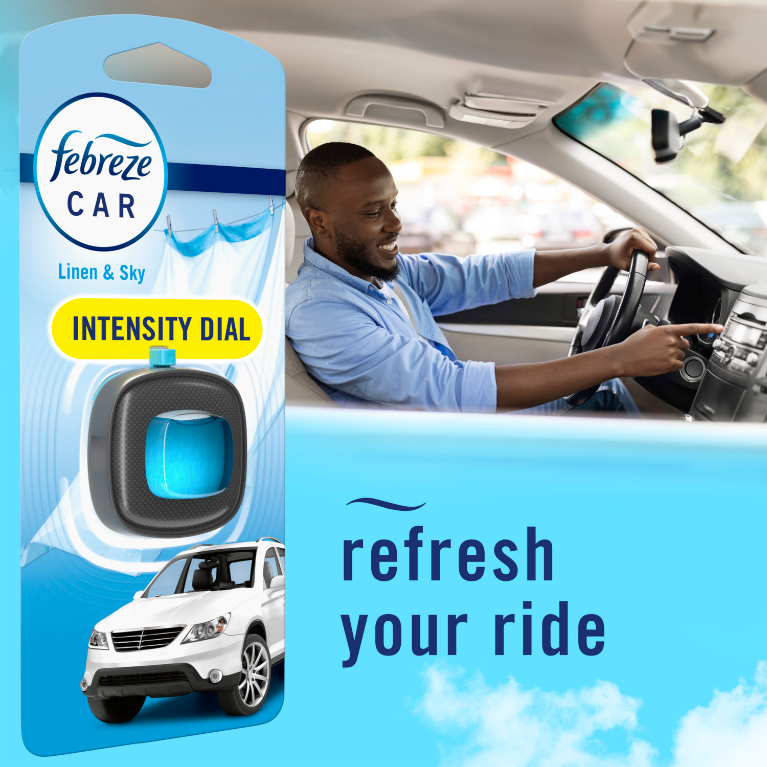 slide 5 of 8, Febreze Car Air Freshener, Odor-Fighting Automotive Vent Clip, Linen & Sky Scent, 1 Count, 0.06 oz
