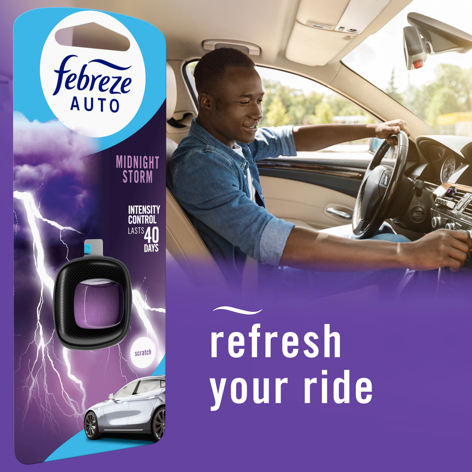 slide 3 of 5, Febreze AUTO Air Freshener, Odor-Fighting Automotive Vent Clip, Midnight Storm Scent, 1 Count, 0.06 fl oz