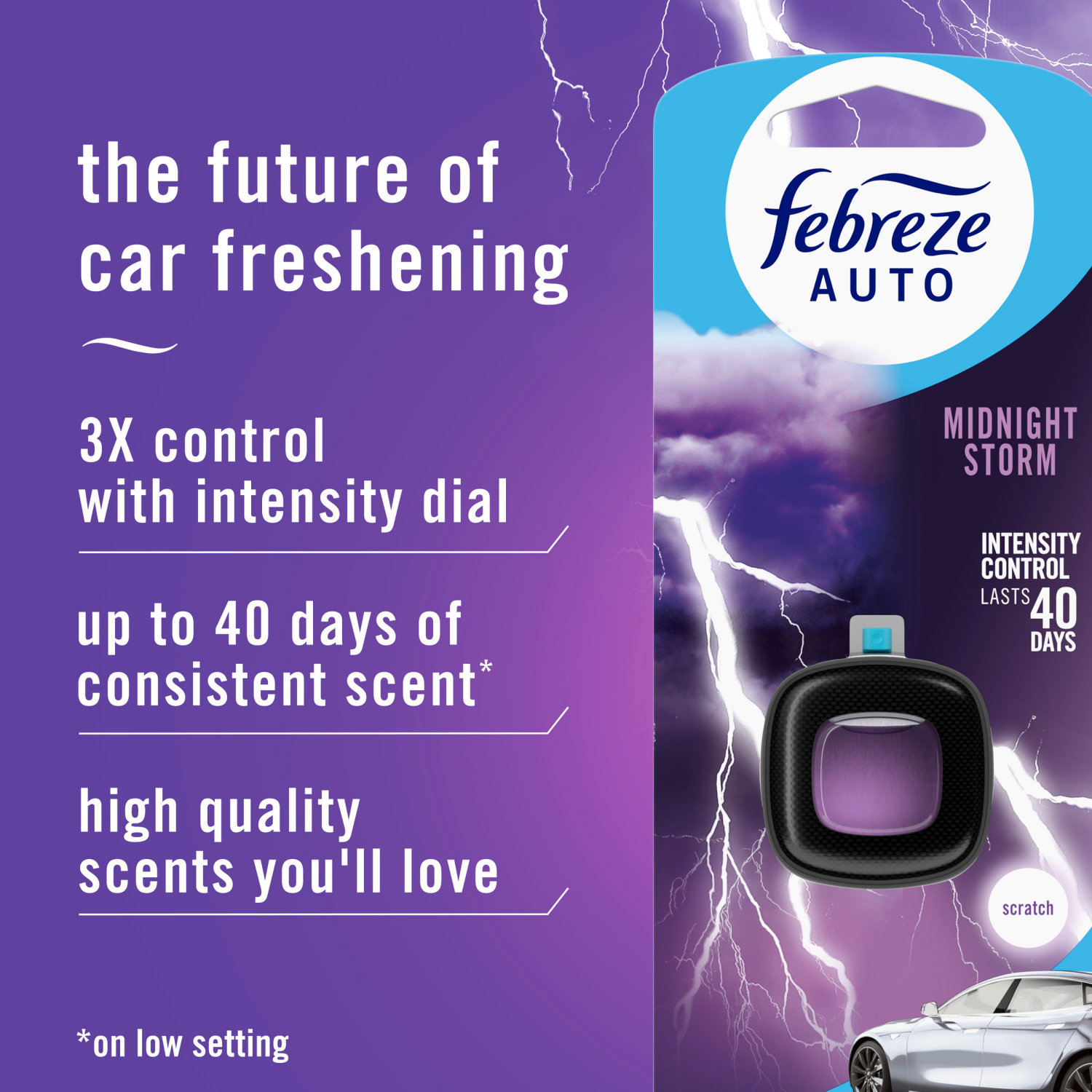 slide 4 of 5, Febreze AUTO Air Freshener, Odor-Fighting Automotive Vent Clip, Midnight Storm Scent, 1 Count, 0.06 fl oz