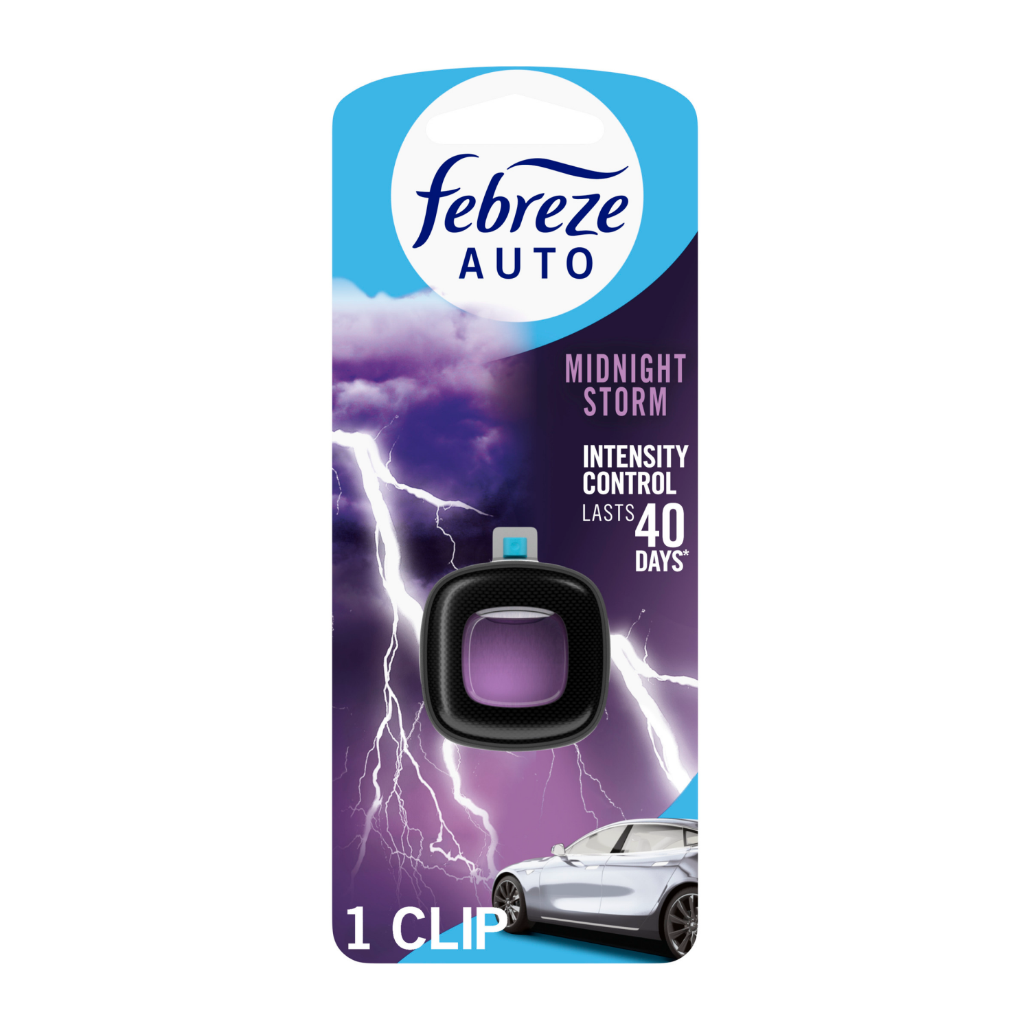slide 1 of 5, Febreze AUTO Air Freshener, Odor-Fighting Automotive Vent Clip, Midnight Storm Scent, 1 Count, 0.06 fl oz
