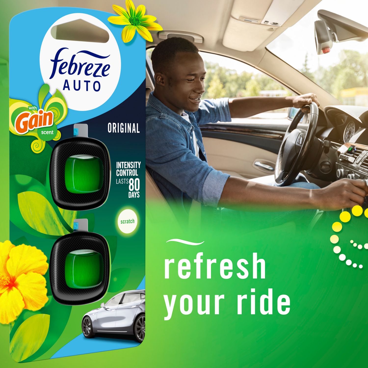 slide 3 of 5, Febreze AUTO Air Freshener, Odor-Fighting Automotive Vent Clip, Gain Original Scent, 1 Count, 0.06 oz
