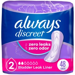 Always Discreet Incontinence Panty Liners for Bladder Leaks, Size 2, Very Light Absorbency, 48 CT