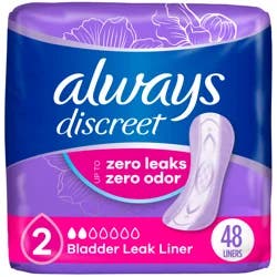 Always Discreet Incontinence Panty Liners for Bladder Leaks, Size 2, Very Light Absorbency, 48 CT