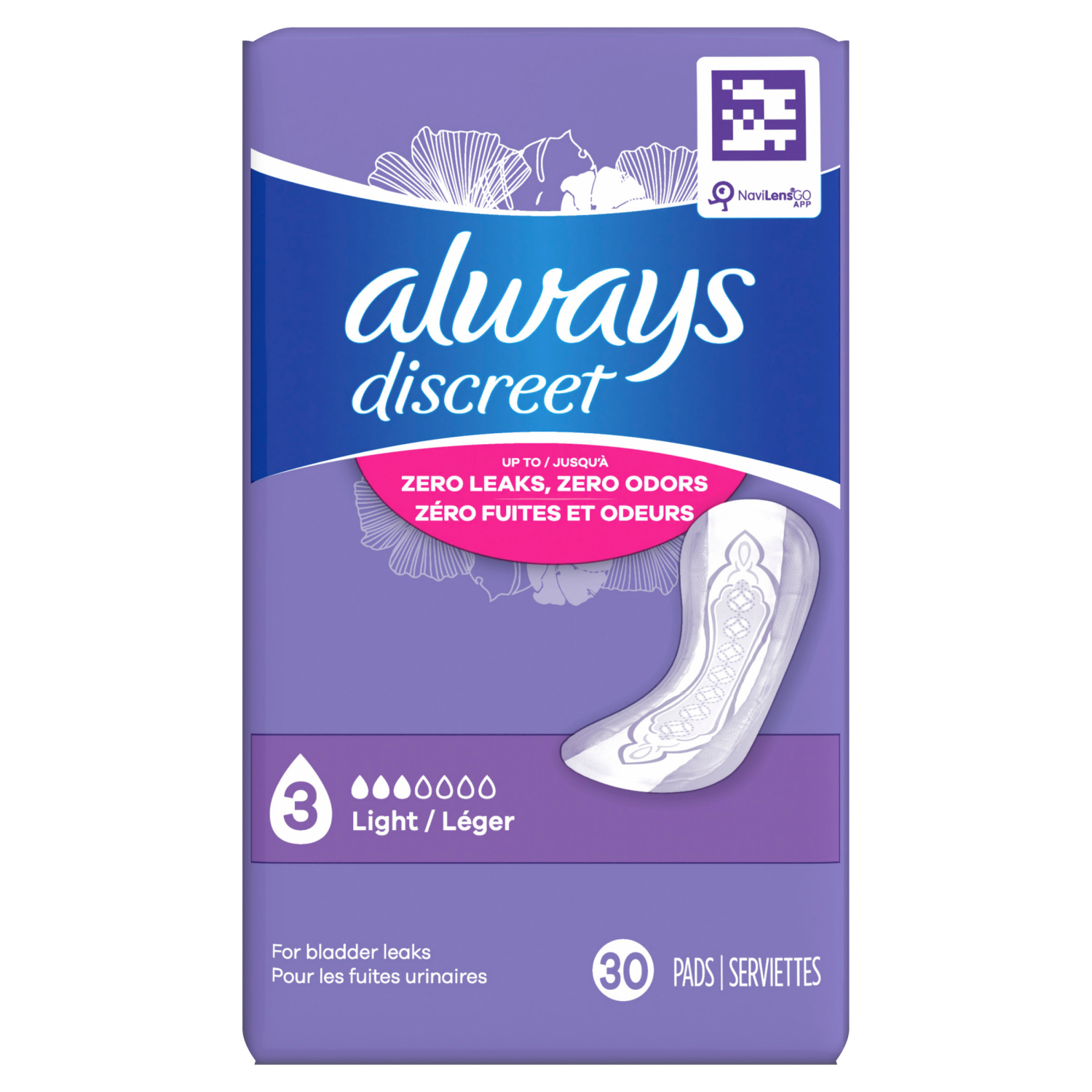 slide 3 of 8, Always Discreet Adult Incontinence Pads for Women, Light Absorbency, Regular Length, Postpartum Pads, 30 CT, 30 ct