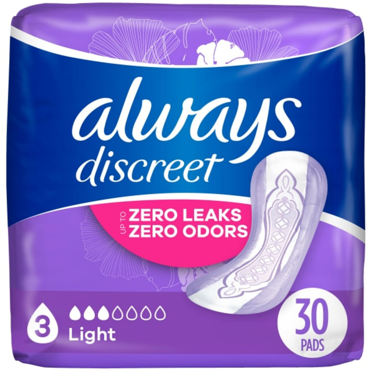 slide 1 of 8, Always Discreet Adult Incontinence Pads for Women, Light Absorbency, Regular Length, Postpartum Pads, 30 CT, 30 ct