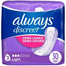 Always Discreet Adult Incontinence Pads for Women, Light Absorbency, Regular Length, Postpartum Pads, 30 CT
