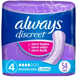 Always Discreet Adult Incontinence Pads for Women, Moderate Absorbency, Long Length, Postpartum Pads, 54 CT
