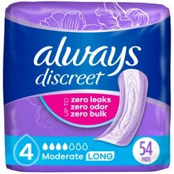 Always Discreet Adult Incontinence Pads for Women, Moderate Absorbency, Long Length, Postpartum Pads, 54 CT