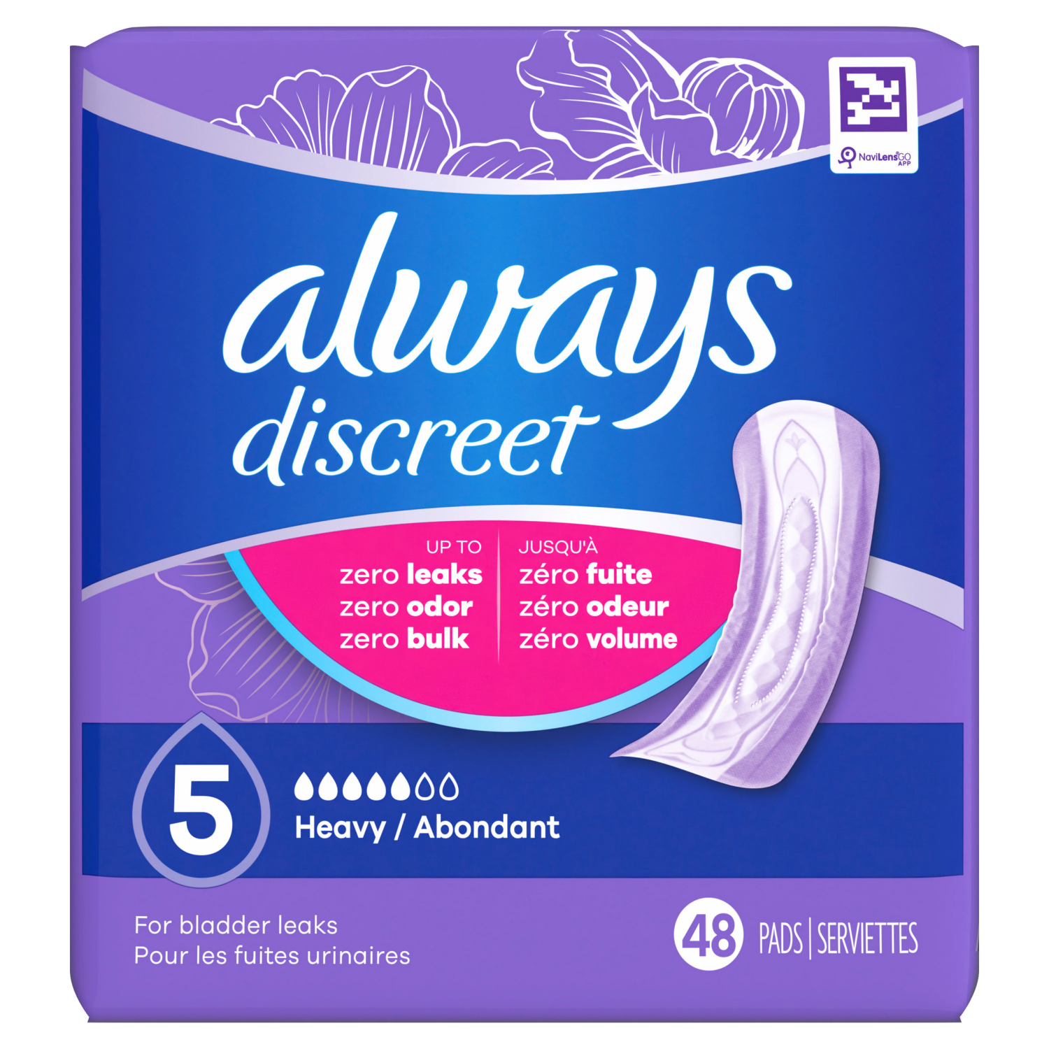 slide 3 of 8, Always Discreet Adult Incontinence Pads for Women, Heavy Absorbency, Regular Length, Postpartum Pads, 48 CT, 48 ct