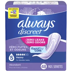 Always Discreet Adult Incontinence Pads for Women, Heavy Absorbency, Regular Length, Postpartum Pads, 48 CT