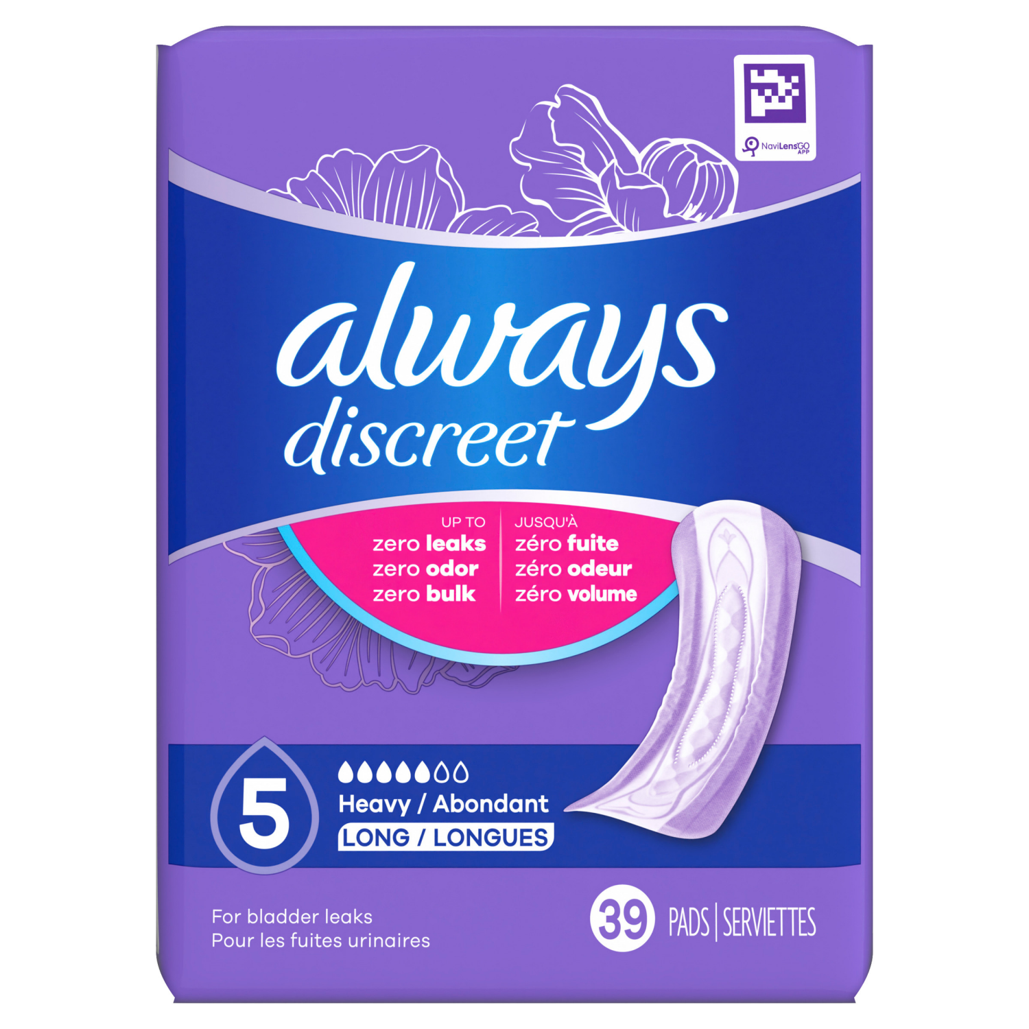 slide 3 of 8, Always Discreet Adult Incontinence Pads for Women, Heavy Absorbency, Long Length, Postpartum Pads, 39 CT, 39 ct