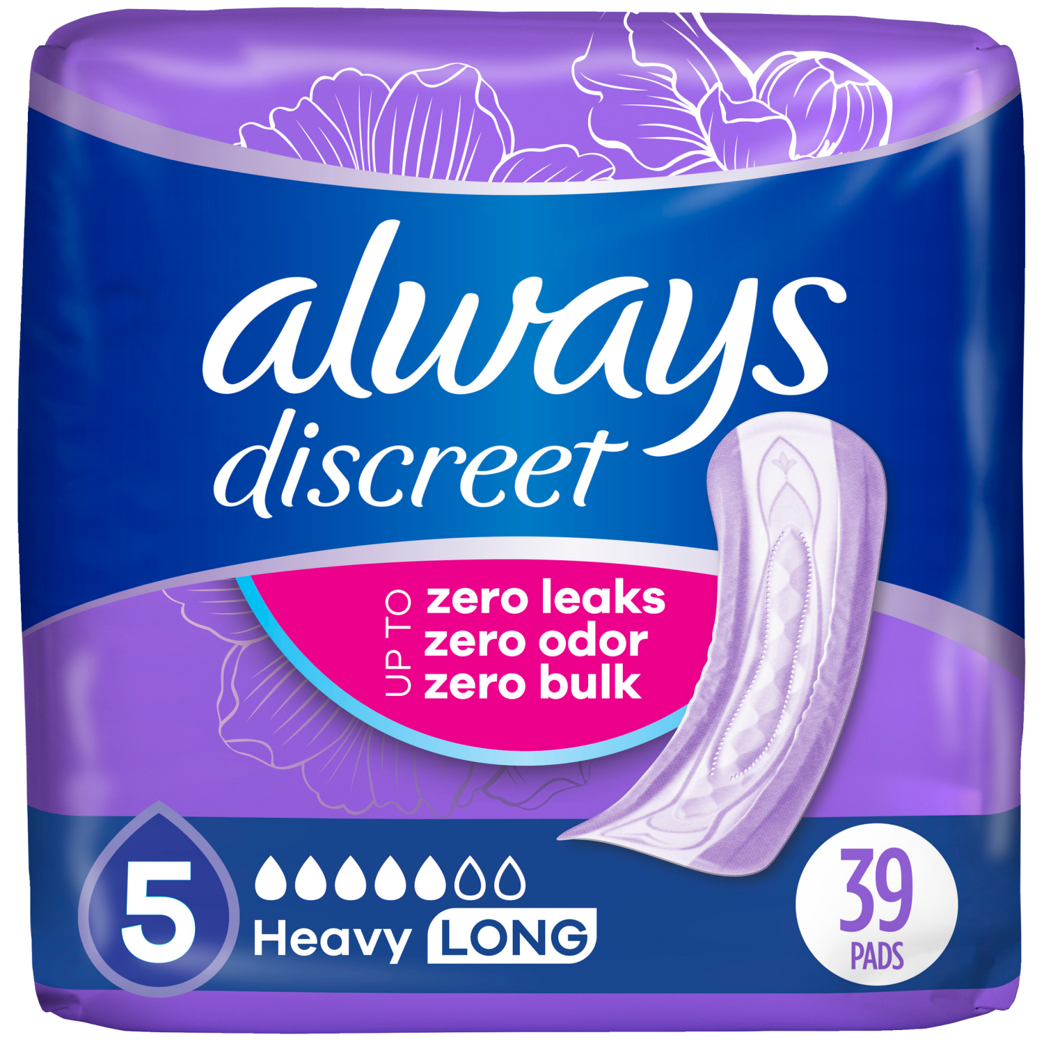 slide 1 of 8, Always Discreet Adult Incontinence Pads for Women, Heavy Absorbency, Long Length, Postpartum Pads, 39 CT, 39 ct