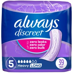 Always Discreet Adult Incontinence Pads for Women, Heavy Absorbency, Long Length, Postpartum Pads, 39 CT