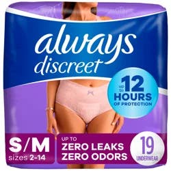 Always Discreet Adult Incontinence Underwear for Women and Postpartum Underwear, S/M, Up to 100% Bladder Leak Protection, 19 CT