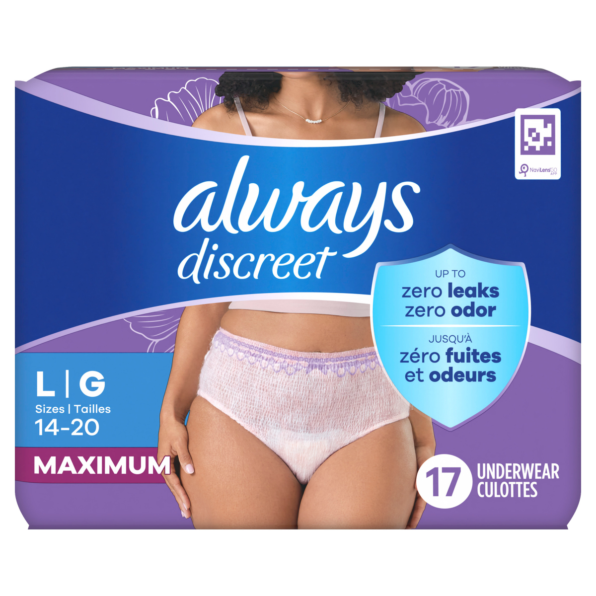 slide 3 of 8, Always Discreet Adult Incontinence Underwear for Women and Postpartum Underwear, L, Up to 100% Bladder Leak Protection, 17 CT, 17 ct