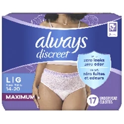 Always Discreet Adult Incontinence Underwear for Women and Postpartum Underwear, L, Up to 100% Bladder Leak Protection, 17 CT