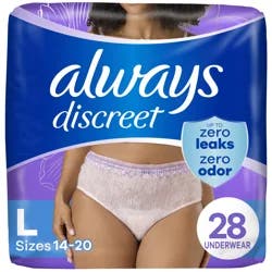 Always Discreet Adult Incontinence Underwear for Women and Postpartum Underwear, L, Up to 100% Bladder Leak Protection, 28 CT