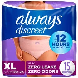 Always Discreet Adult Incontinence Underwear for Women and Postpartum Underwear, XL, Up to 100% Bladder Leak Protection, 15 CT