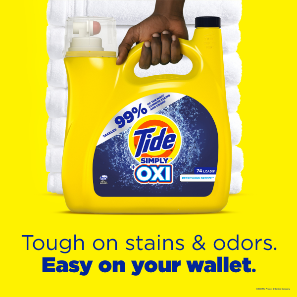 slide 12 of 21, Tide Simply + Oxi Liquid Laundry Detergent, Refreshing Breeze, 74 loads, 115 oz