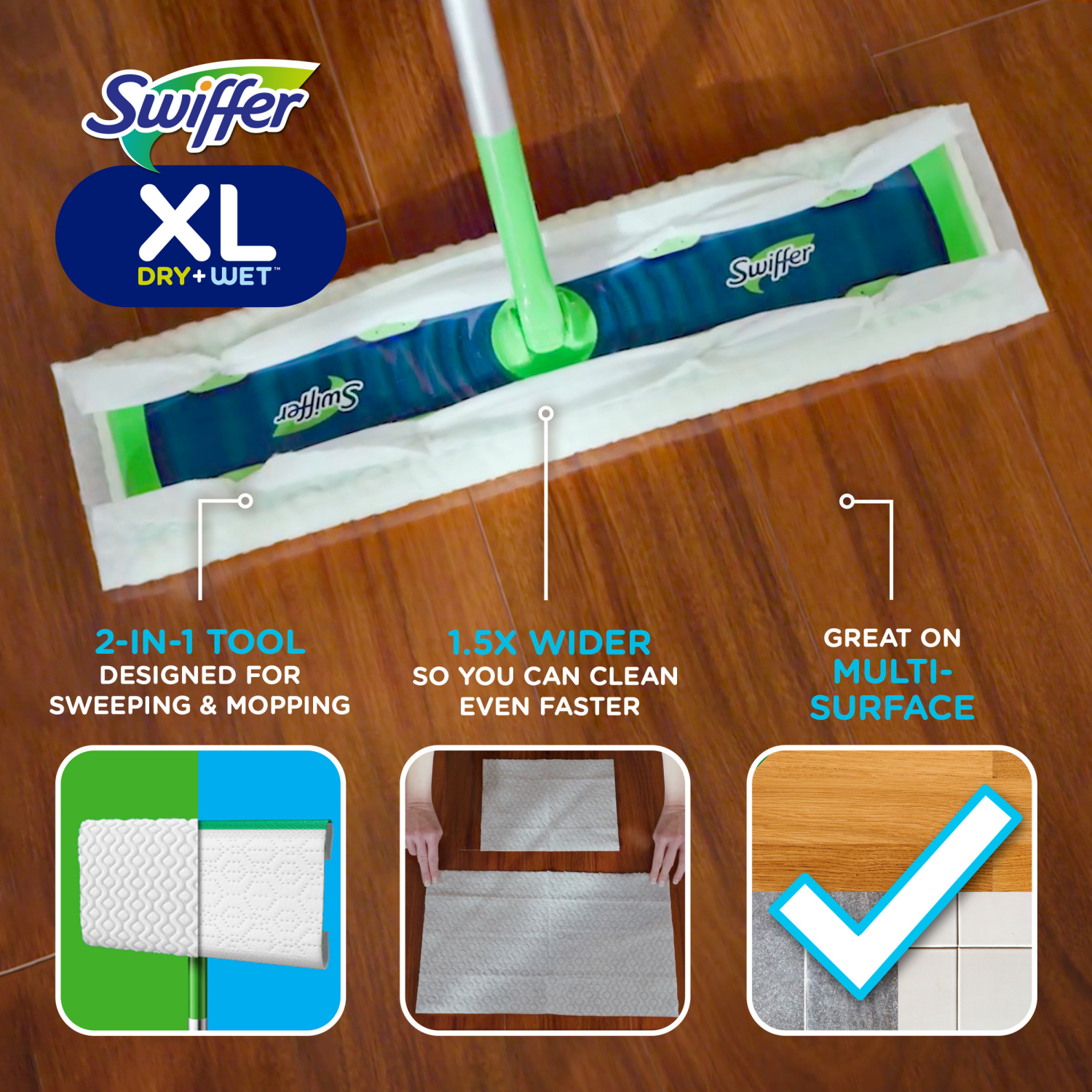 slide 7 of 8, Swiffer Sweeper Dry + Wet XL Sweeping Kit, 1 Sweeper, 8 Dry Cloths, 2 Wet Cloths, 1 ct