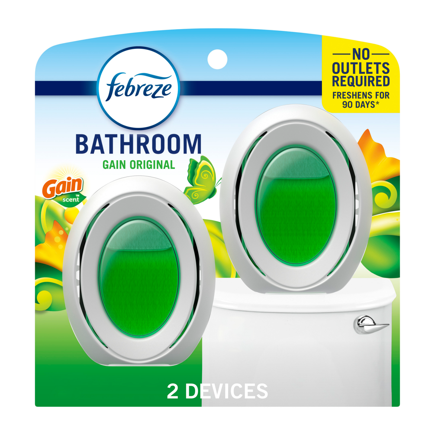 slide 1 of 8, Febreze Bathroom Air Freshener, Odor-Fighting, Gain Original Scent, 2 Count, 2 ct
