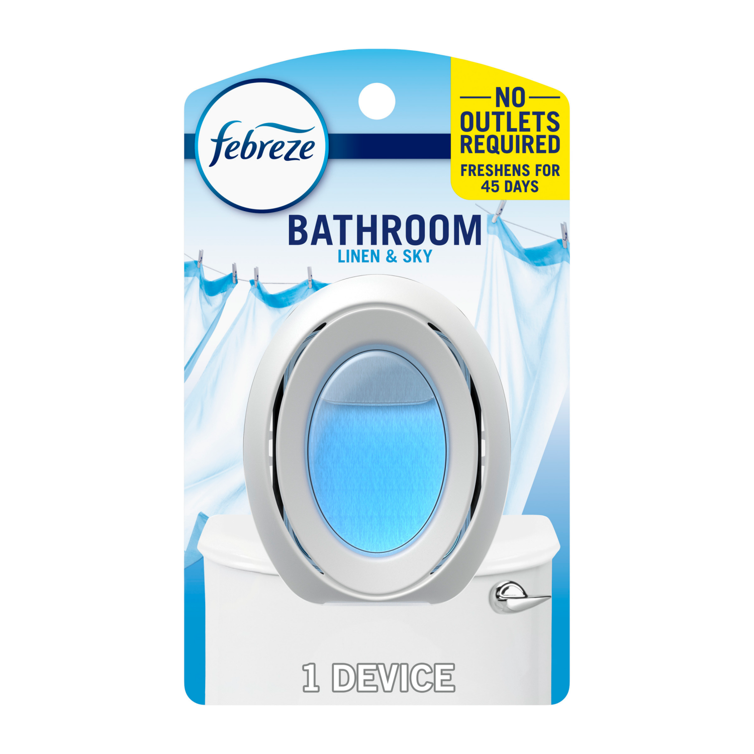 slide 1 of 8, Febreze Bathroom Air Freshener, Odor-Fighting, Linen & Sky Scent, 1 Count, 0.25 fl oz
