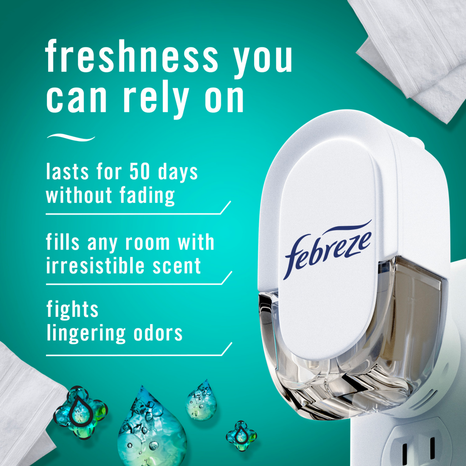 slide 6 of 8, Febreze Plug In Air Freshener, Odor-Fighting Scented Oil Refill, Unstopables Fresh Scent, 2 Refills, 1.75 oz
