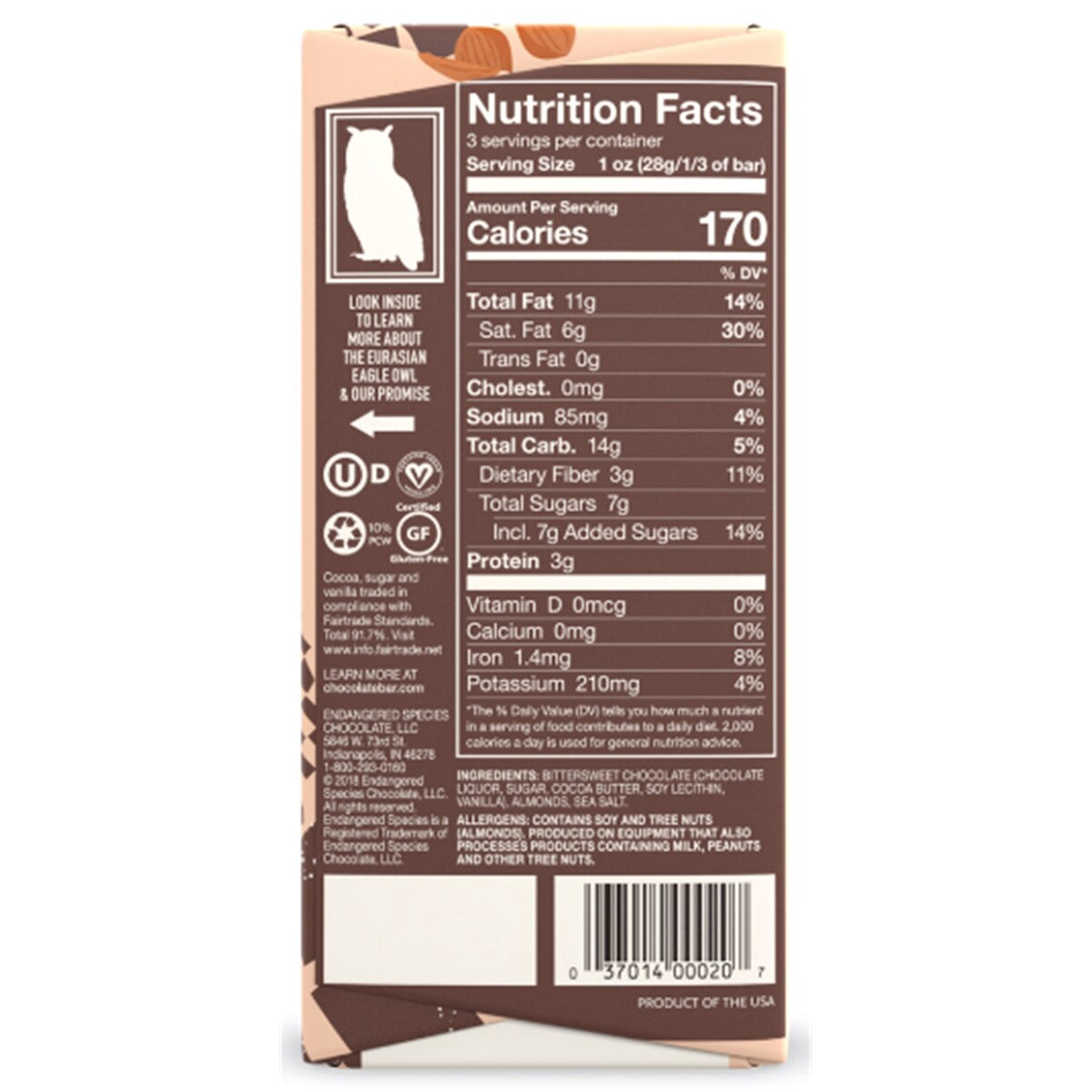slide 2 of 2, Endangered Species Chocolate 72% Dark Chocolate with Sea Salt and Almonds Owl Bar, 3 oz