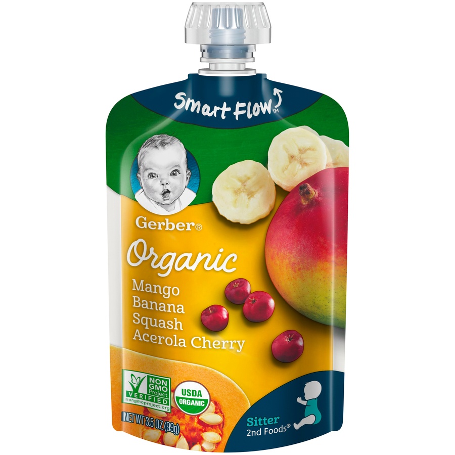 slide 1 of 2, Gerber 2nd Foods Organic Baby Food, Mangoes, Bananas, Squash & Acerola, 3.5 oz