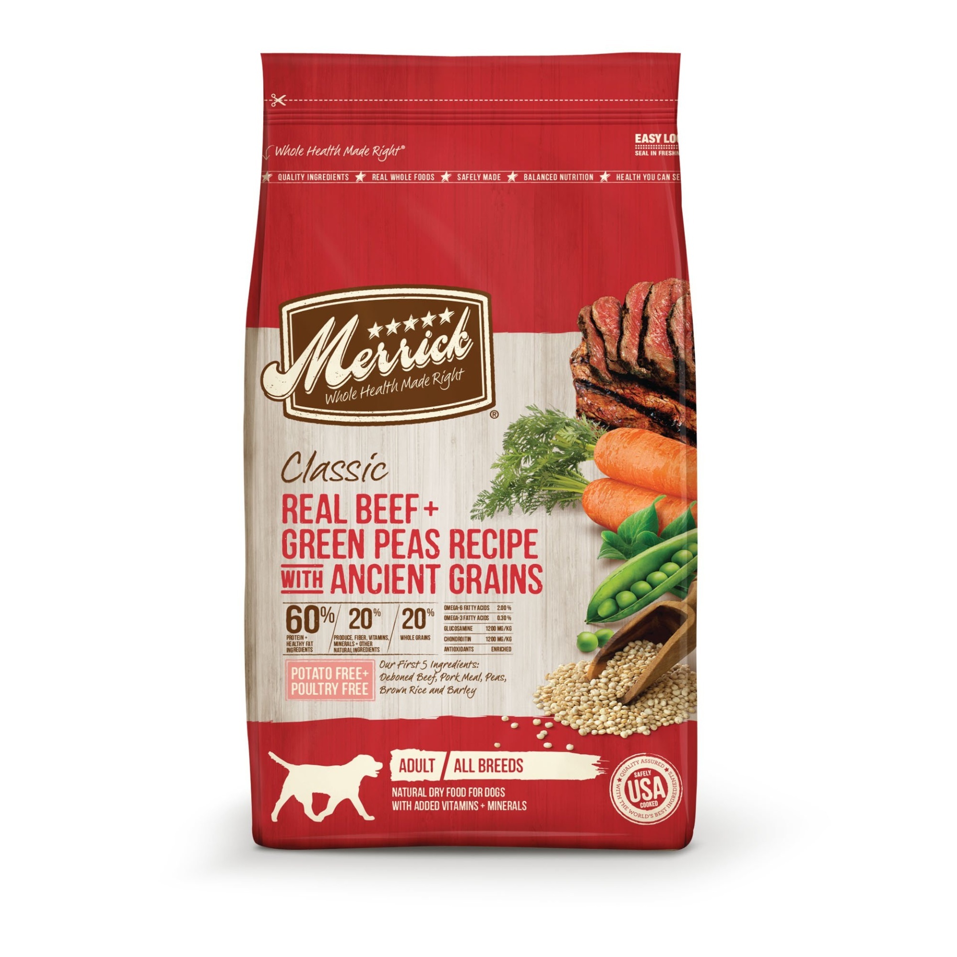 slide 1 of 1, Merrick Classic Real Beef + Green Peas with Ancient Grains Dry Dog Food, 12 lb