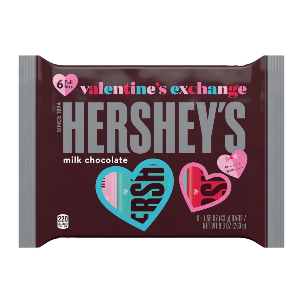 slide 1 of 2, Hershey's Valentine's Exchange Milk Chocolate Bars, 6 ct; 1.55 oz