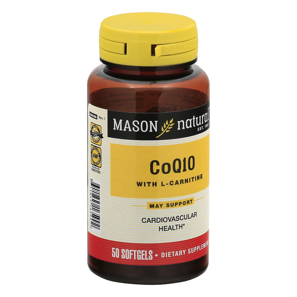 slide 4 of 9, Mason Natural Co Q10 with L-Carnitine - Healthy Heart and Cellular Energy Production, Antioxidant Supplement for Cardiovascular Health, 50 Softgels, 50 ct