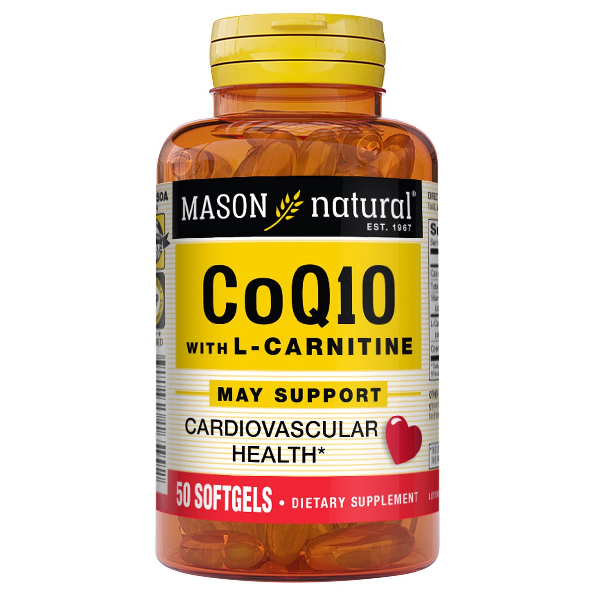 slide 1 of 9, Mason Natural Co Q10 with L-Carnitine - Healthy Heart and Cellular Energy Production, Antioxidant Supplement for Cardiovascular Health, 50 Softgels, 50 ct