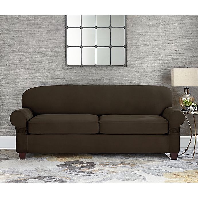 slide 1 of 2, SureFit Home Decor Designer Suede Individual Cushion 2-Seat Sofa Slipcover - Chocolate, 1 ct