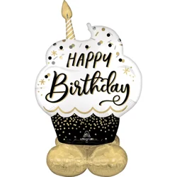 AirLoonz Birthday Black Gold Cupcake Decorative Air-Filled Balloon