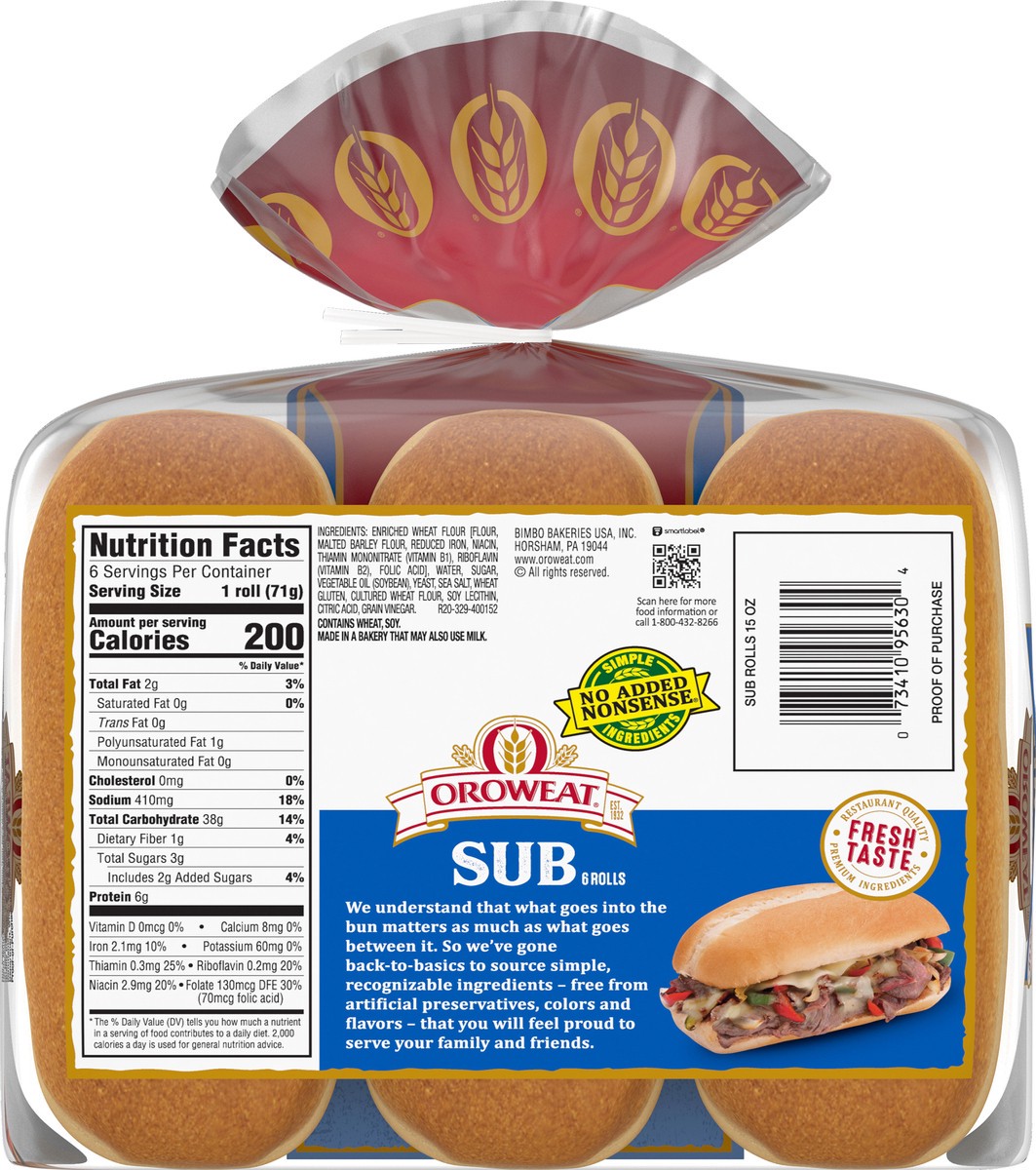 slide 3 of 11, Oroweat Sub White Rolls, 6 count, 15 oz, 6 ct