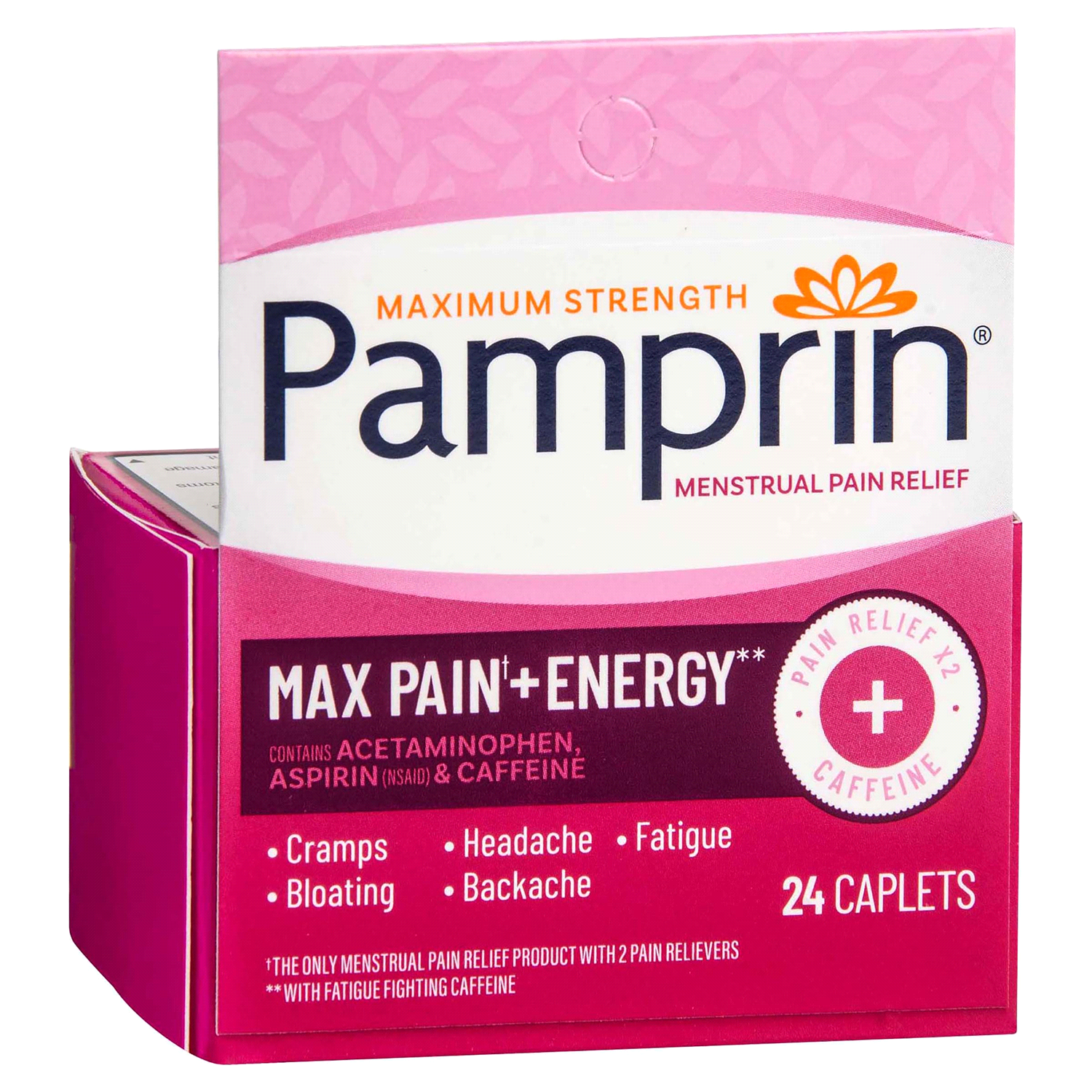 slide 4 of 5, Pamprin Maximum Strength Pain + Energy Menstrual Pain Relief Caplets, 24 Ct., 24 ct