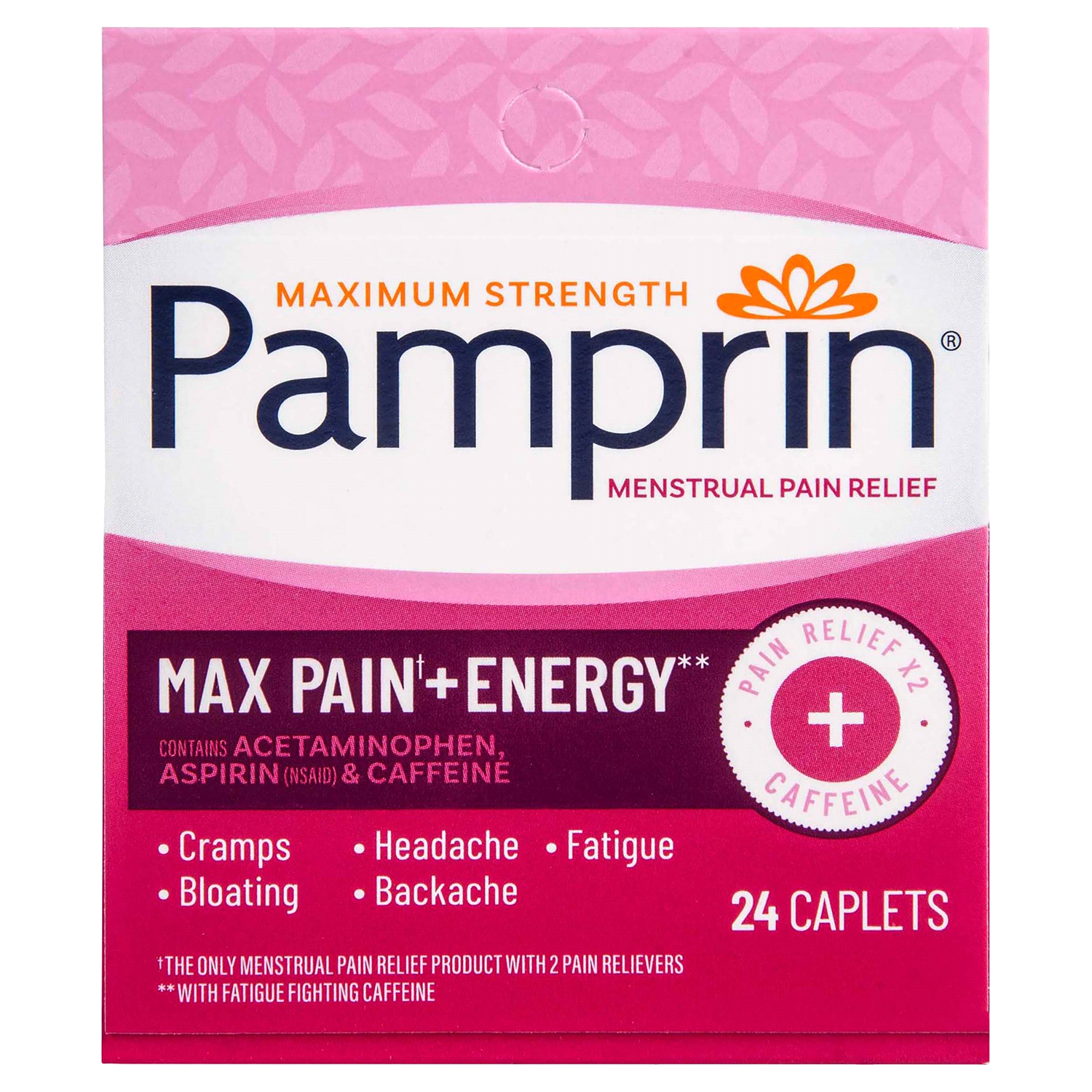 slide 1 of 5, Pamprin Maximum Strength Pain + Energy Menstrual Pain Relief Caplets, 24 Ct., 24 ct
