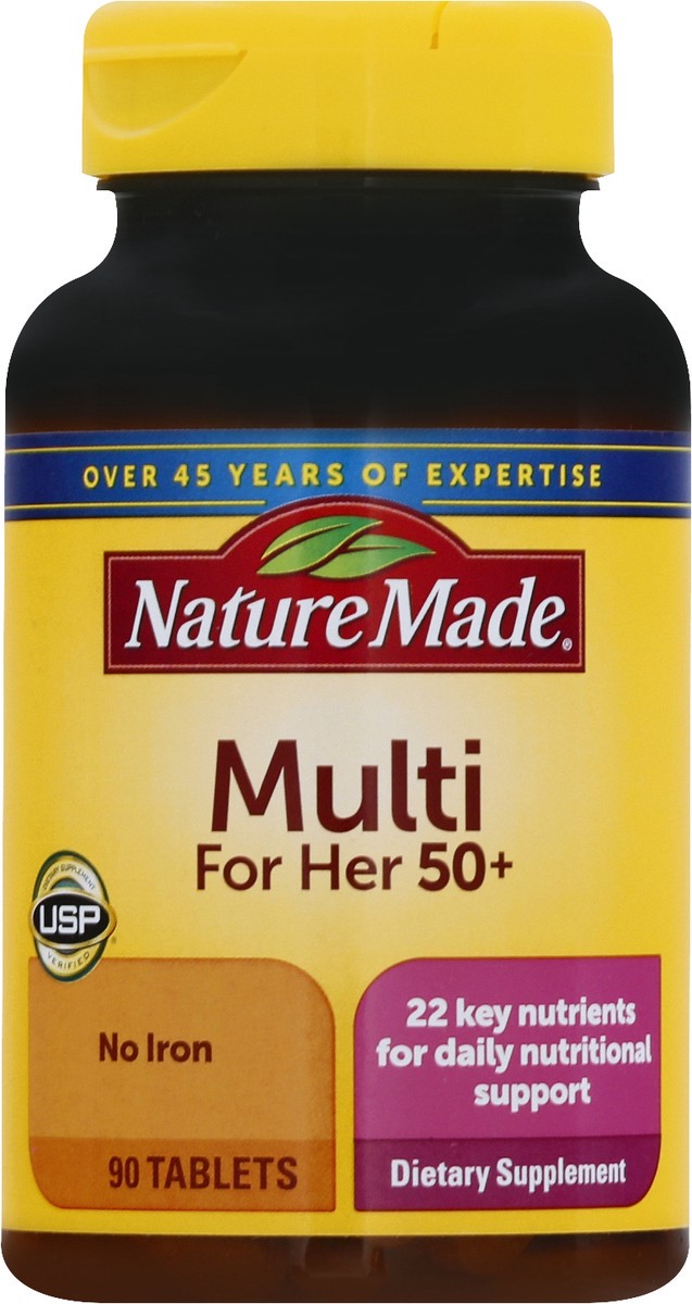 slide 5 of 9, Nature Made Multivitamin For Her 50+ with No Iron, Womens Multivitamin for Daily Nutritional Support, Multivitamin for Women, 90 Tablets, 90 Day Supply, 90 ct