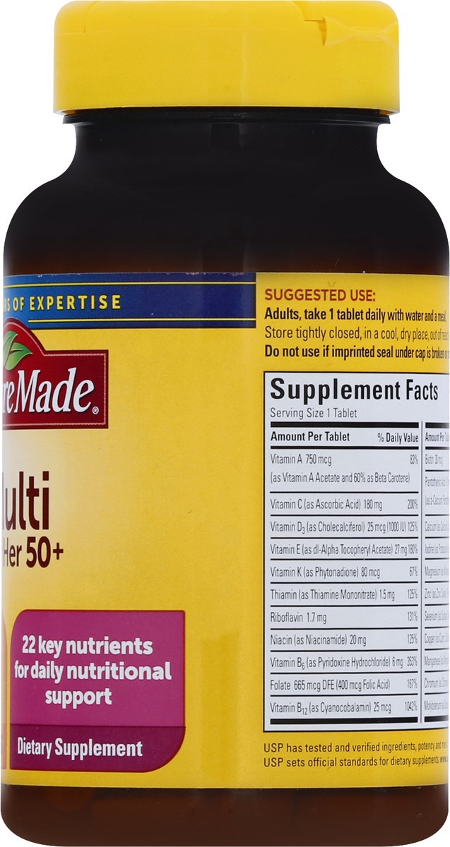 slide 3 of 9, Nature Made Multivitamin For Her 50+ with No Iron, Womens Multivitamin for Daily Nutritional Support, Multivitamin for Women, 90 Tablets, 90 Day Supply, 90 ct