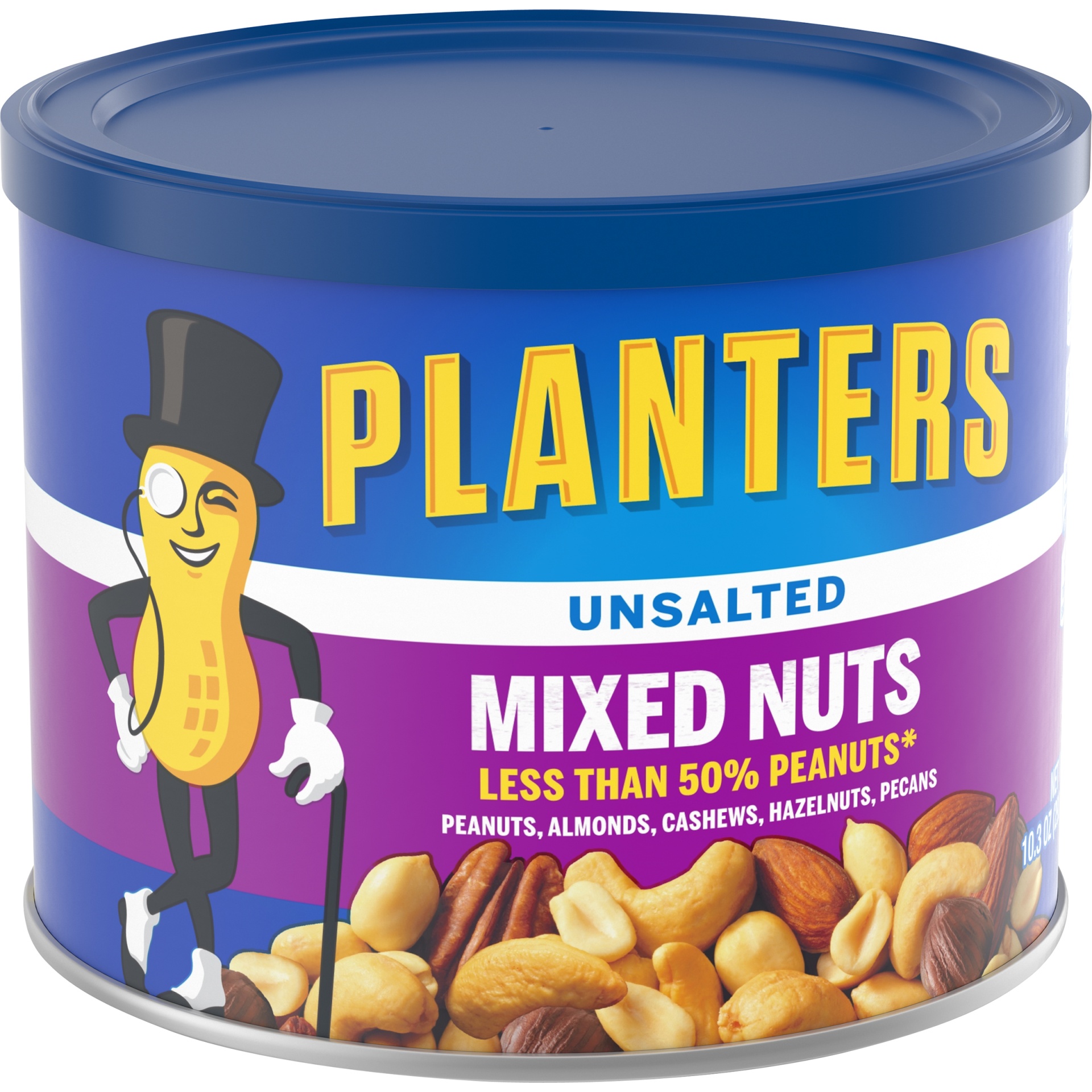 slide 4 of 8, Planters Unsalted Mixed Nuts Less Than 50% Peanuts with Peanuts, Almonds, Cashews, Hazelnuts & Pecans, 10.3 oz
