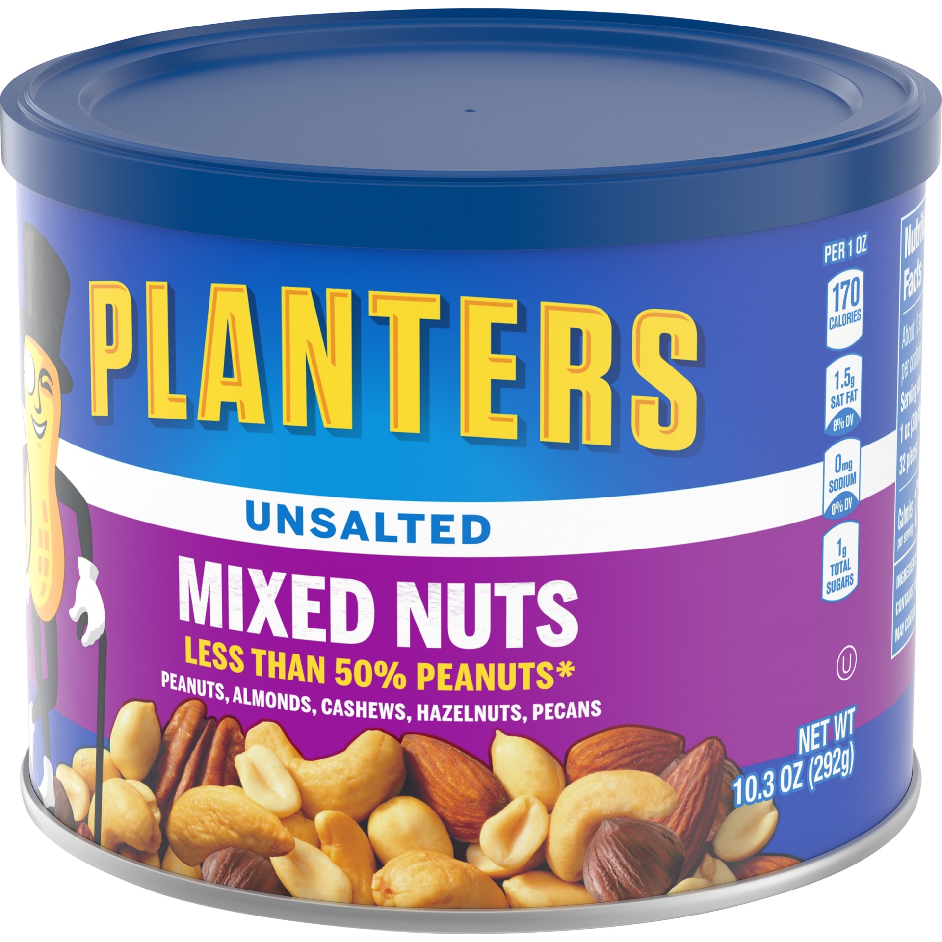 slide 5 of 8, Planters Unsalted Mixed Nuts Less Than 50% Peanuts with Peanuts, Almonds, Cashews, Hazelnuts & Pecans, 10.3 oz