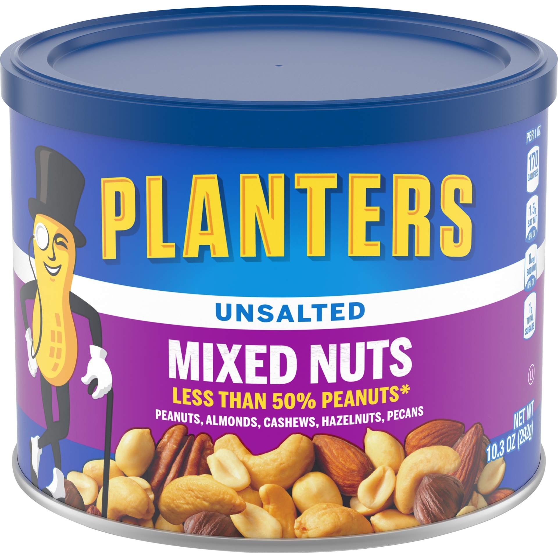 slide 1 of 8, Planters Unsalted Mixed Nuts Less Than 50% Peanuts with Peanuts, Almonds, Cashews, Hazelnuts & Pecans, 10.3 oz
