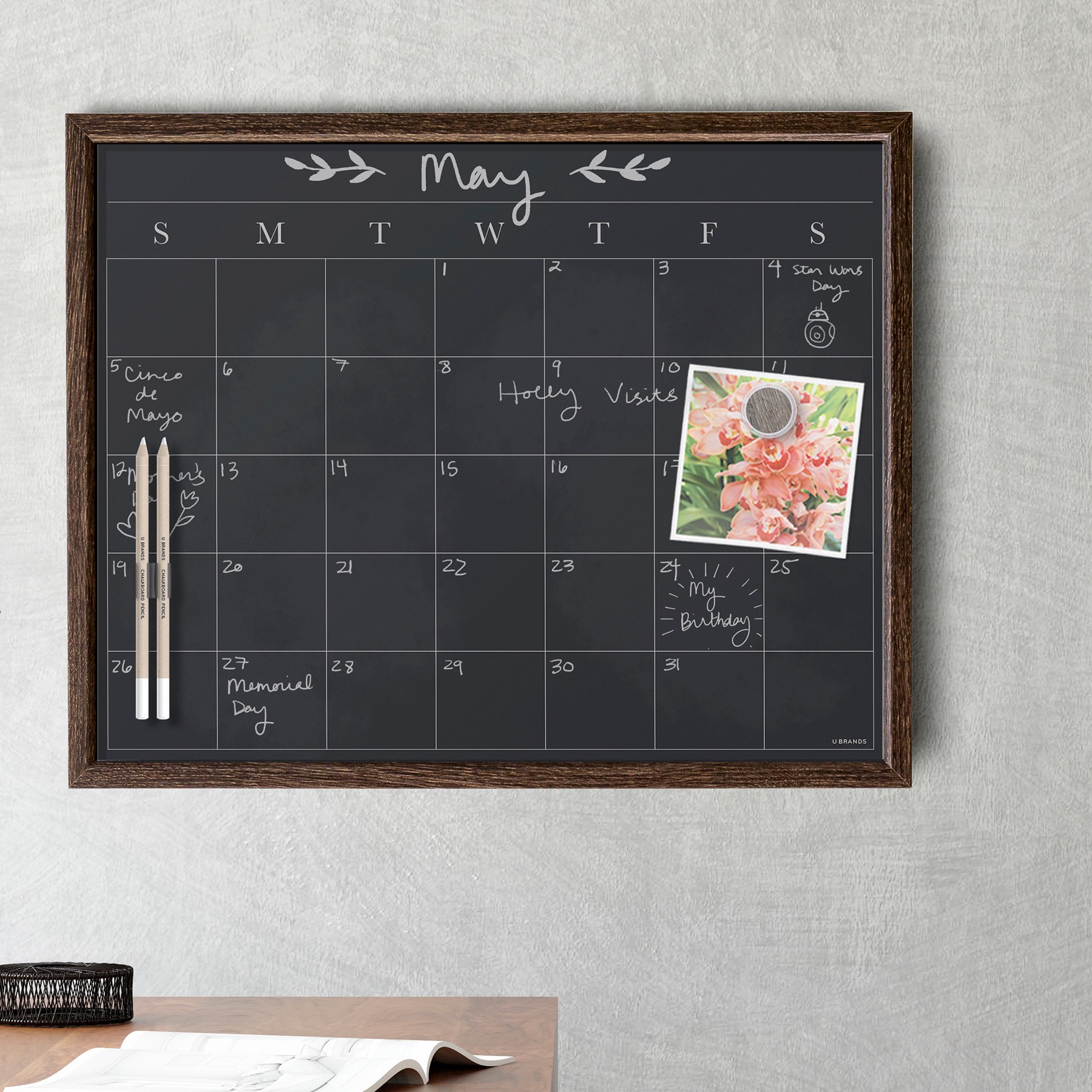 slide 2 of 2, U Brands Magnetic Chalk Calendar Board, 16 x 20, Assorted Rustic Frame (3275U00-04), 1 PK