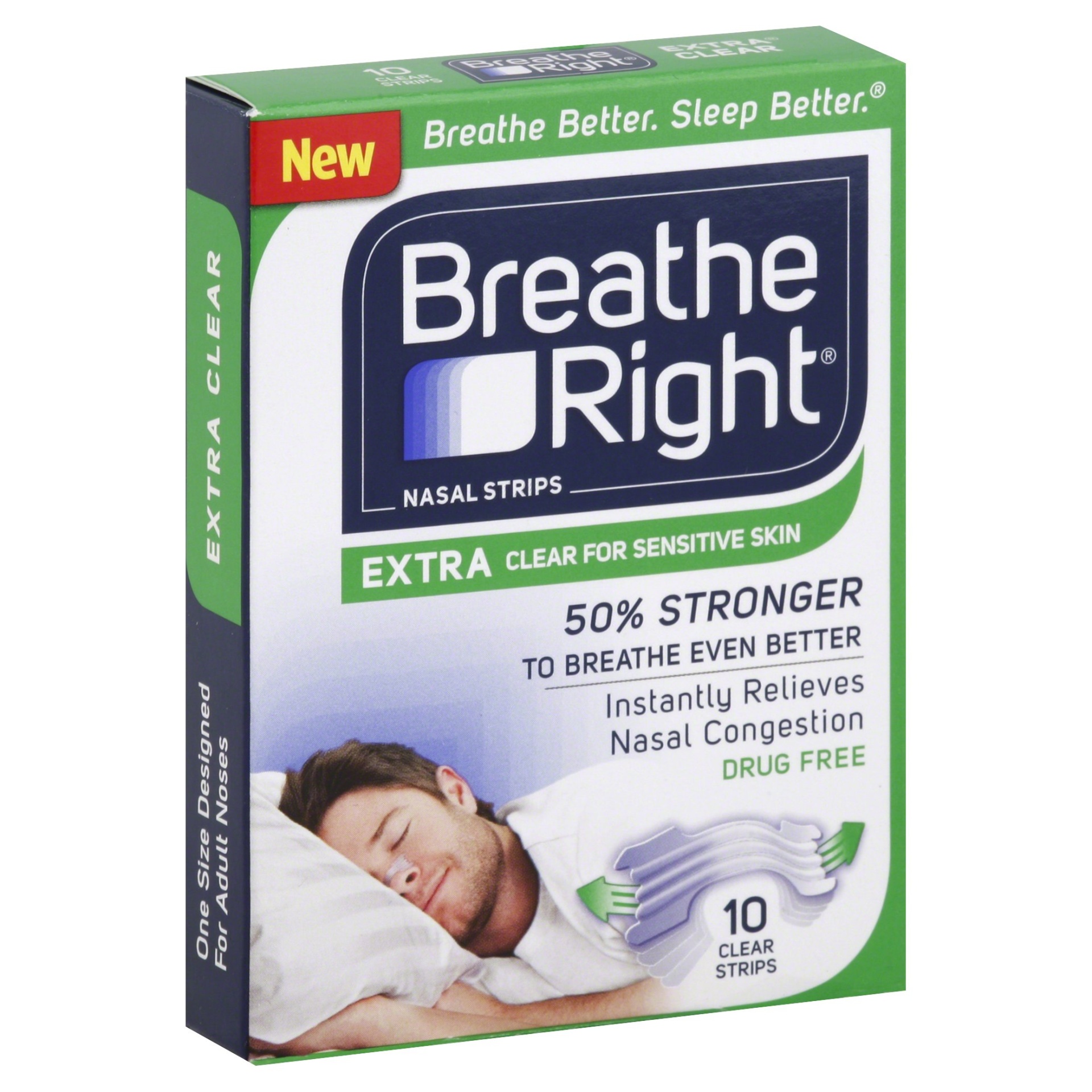 slide 1 of 5, Breathe Right Nasal Strips - Extra Clear For Sensitive Skin, 10 ct